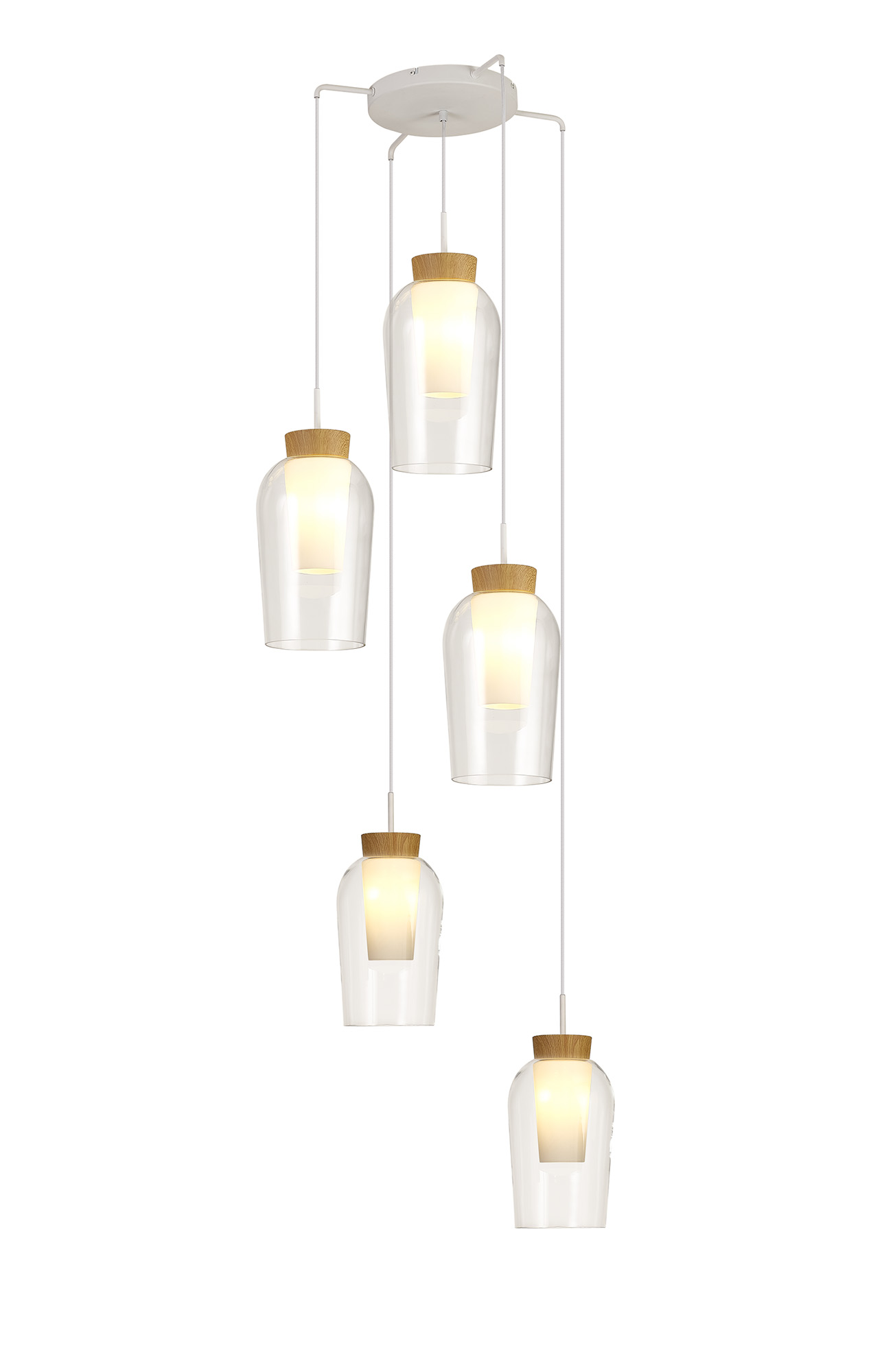 M8275  Nora Round Pendant 5 Light Adjustable E27 White/Wood